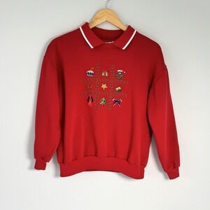 Vintage Active Exchange Embroidered Christmas Sweatshirt Red Collared Petite‎ M